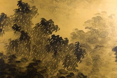 Japanese Two Panel Screen Temples Through Misty Forest