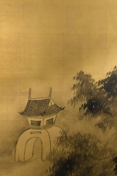 Japanese Two Panel Screen Temples Through Misty Forest