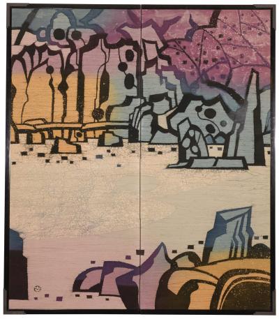 Japanese Two Panel Screen Textile Landscape