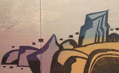 Japanese Two Panel Screen Textile Landscape