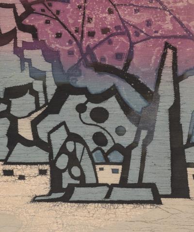 Japanese Two Panel Screen Textile Landscape