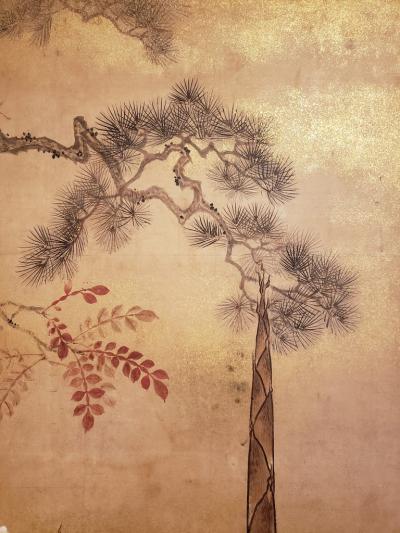 Japanese Two Panel Screen Trees in Floral Landscape