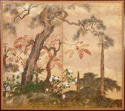 Japanese Two Panel Screen Trees in Floral Landscape