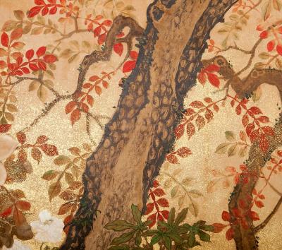Japanese Two Panel Screen Trees in Floral Landscape