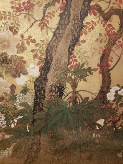 Japanese Two Panel Screen Trees in Floral Landscape