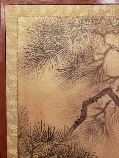 Japanese Two Panel Screen Trees in Floral Landscape