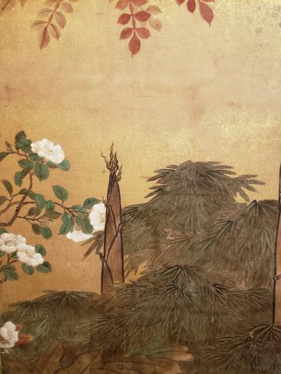 Japanese Two Panel Screen Trees in Floral Landscape