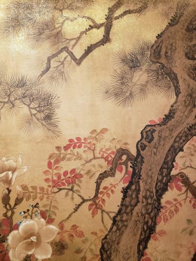 Japanese Two Panel Screen Trees in Floral Landscape