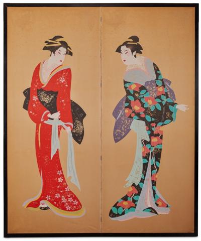 Japanese Two Panel Screen Two Geishas with Gold Butterflies