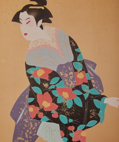 Japanese Two Panel Screen Two Geishas with Gold Butterflies