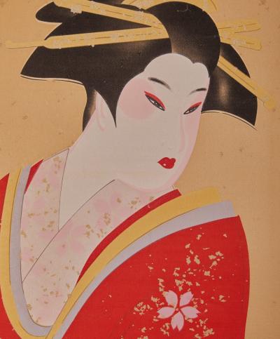 Japanese Two Panel Screen Two Geishas with Gold Butterflies