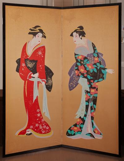 Japanese Two Panel Screen Two Geishas with Gold Butterflies