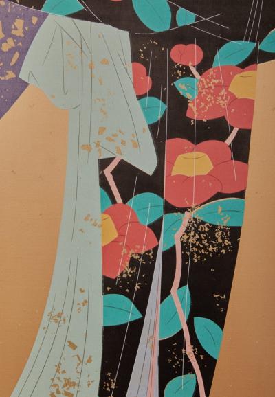 Japanese Two Panel Screen Two Geishas with Gold Butterflies