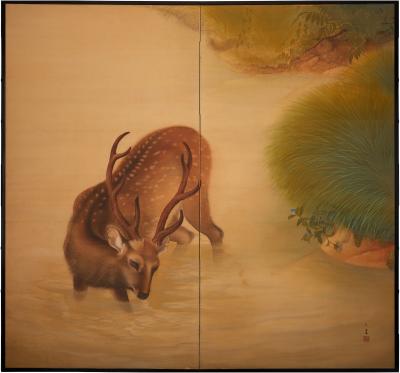 Japanese Two Panel Screen Wading Deer