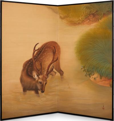 Japanese Two Panel Screen Wading Deer