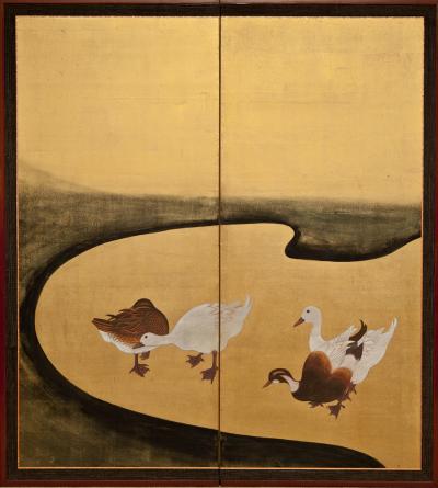 Japanese Two Panel Screen Water Fowl by River s Edge