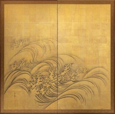 Japanese Two Panel Screen Waves on Gold