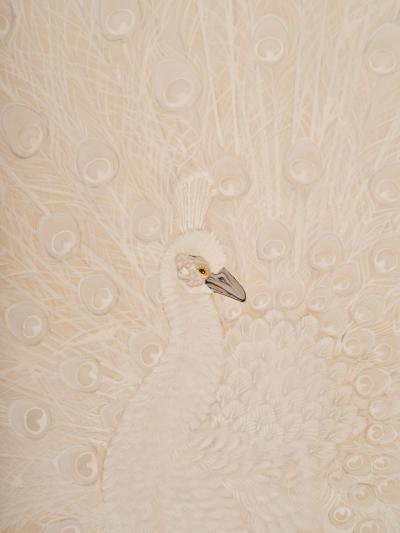 Japanese Two Panel Screen White Peafowl in Courtship Display