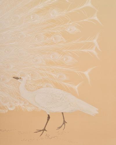 Japanese Two Panel Screen White Peafowl in Courtship Display