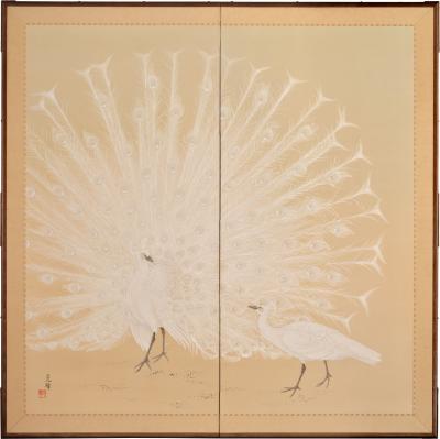 Japanese Two Panel Screen White Peafowl in Courtship Display