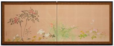 Japanese Two Panel Screen Winter Into Spring Floral Landscape