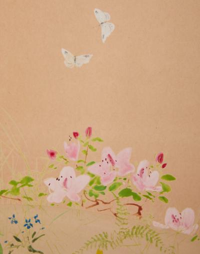 Japanese Two Panel Screen Winter Into Spring Floral Landscape