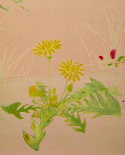 Japanese Two Panel Screen Winter Into Spring Floral Landscape