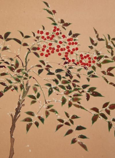 Japanese Two Panel Screen Winter Into Spring Floral Landscape