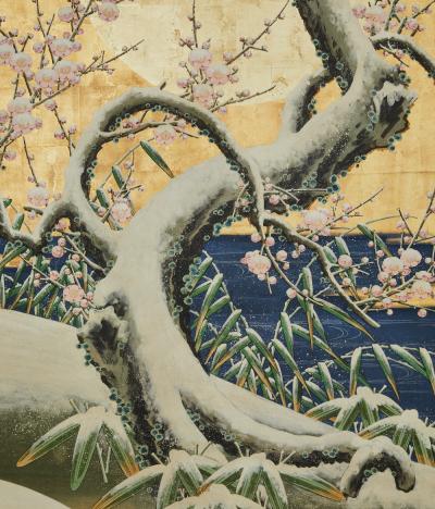 Japanese Two Panel Screen Winter Landscape Under Moonlight