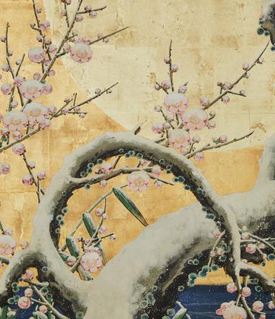 Japanese Two Panel Screen Winter Landscape Under Moonlight