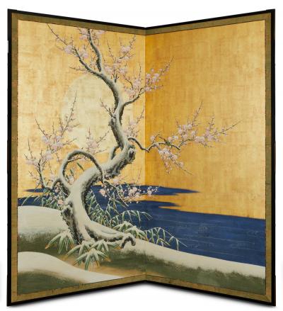 Japanese Two Panel Screen Winter Landscape Under Moonlight
