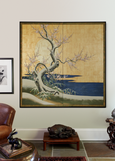 Japanese Two Panel Screen Winter Landscape Under Moonlight