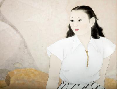 Japanese Two Panel Screen Women in Western Dress