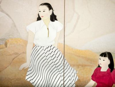 Japanese Two Panel Screen Women in Western Dress