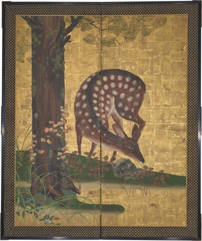 Japanese Two Panel Screen Woodland Deer