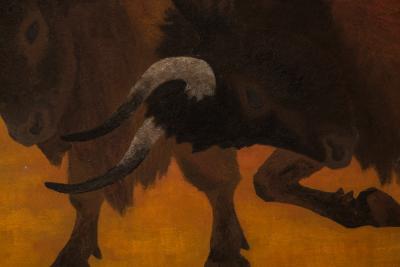 Japanese Two Panel Screen Yagyu Wild Ox 