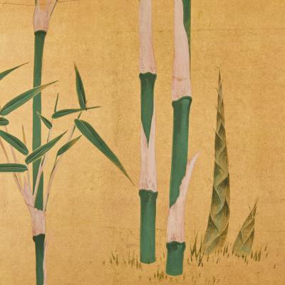 Japanese Two Panel Screen Young Bamboo on Gold