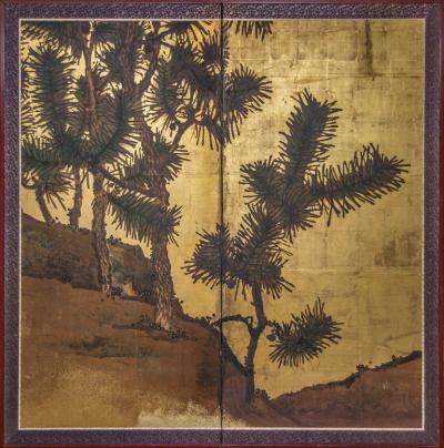 Japanese Two Panel Screen Young Pine and Pine Cones on Gold