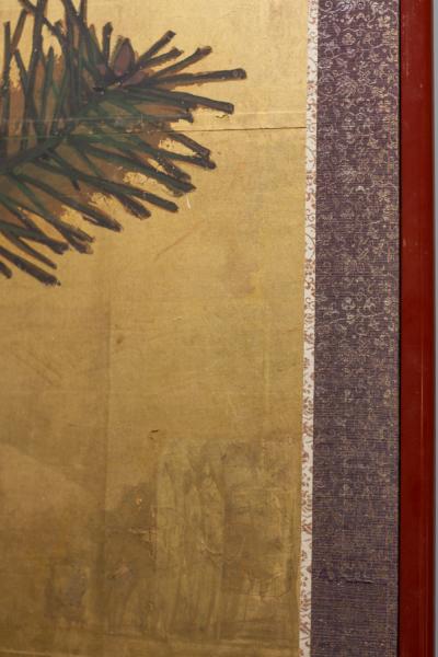 Japanese Two Panel Screen Young Pine and Pine Cones on Gold