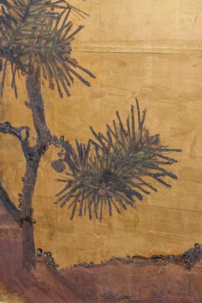 Japanese Two Panel Screen Young Pine and Pine Cones on Gold