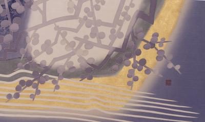 Japanese Two Panel Screen Yozakura Cherry Blossom Viewing at Night 