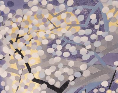 Japanese Two Panel Screen Yozakura Cherry Blossom Viewing at Night 