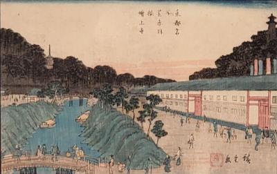 Japanese Ukiyoshi Painting of Akaban Bridge Hiroshige 19th Century