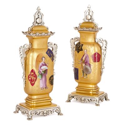 Japanese style gilt brass clock set with silvered brass and porcelain mounts