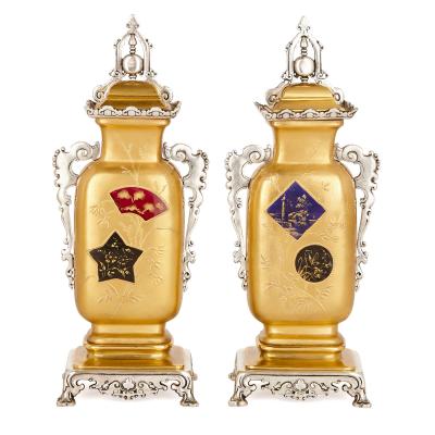 Japanese style gilt brass clock set with silvered brass and porcelain mounts