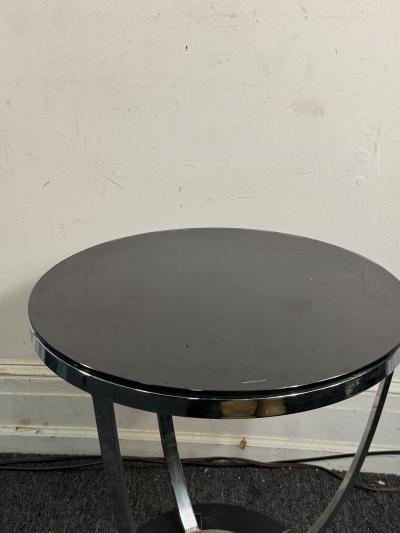 Jay Spectre ART DECO REVIVAL CHROME STRAP BLACK GLASS TOP TABLE