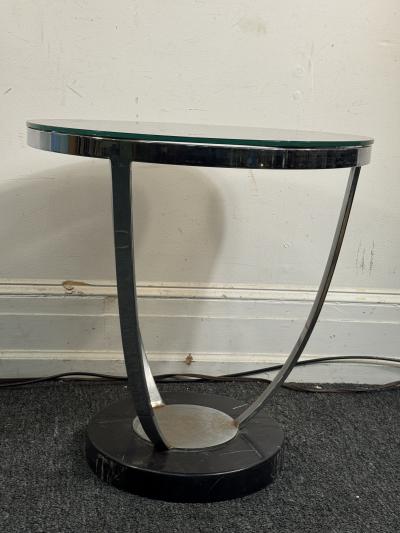 Jay Spectre ART DECO REVIVAL CHROME STRAP BLACK GLASS TOP TABLE