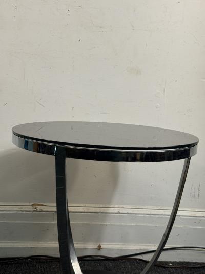 Jay Spectre ART DECO REVIVAL CHROME STRAP BLACK GLASS TOP TABLE