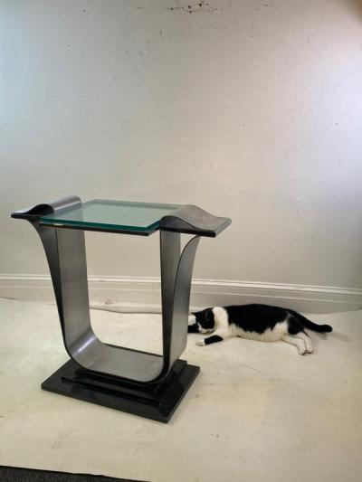 Jay Spectre ART DECO REVIVAL MODERNIST STEEL GLASS WOOD COSOLE TABLE BY JAY SPECTRE