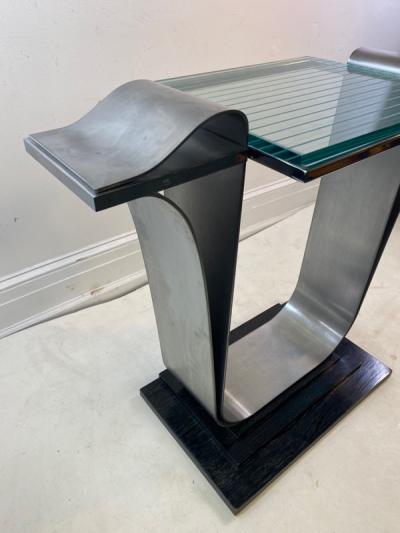 Jay Spectre ART DECO REVIVAL MODERNIST STEEL GLASS WOOD COSOLE TABLE BY JAY SPECTRE